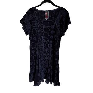 Johnny Was Eyelet Embroidery Small Floral Posies Tunic Mini Dress Navy